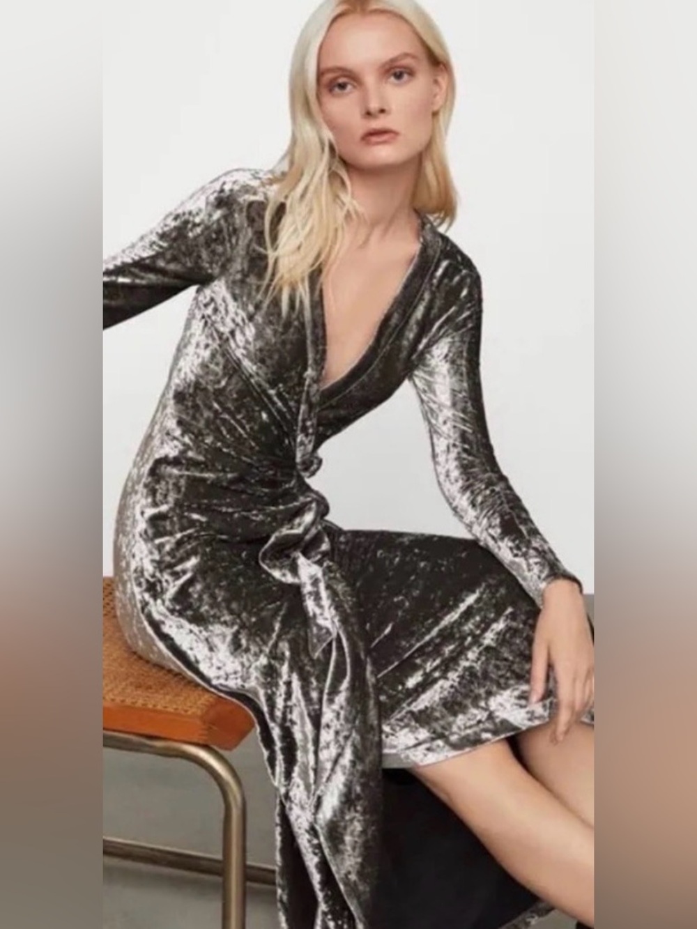 BCBG NWOT Crushed Velvet Wrap Midi Dress in Silver Gray